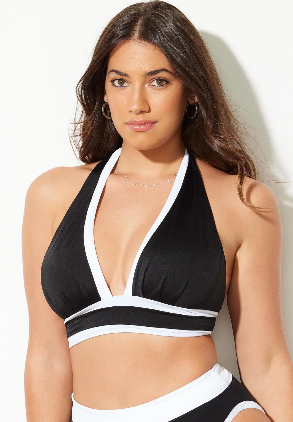 Swimsuits for All Women's Plus Size Bliss Colorblock Pleated Halter Bikini Top - 8, Black White