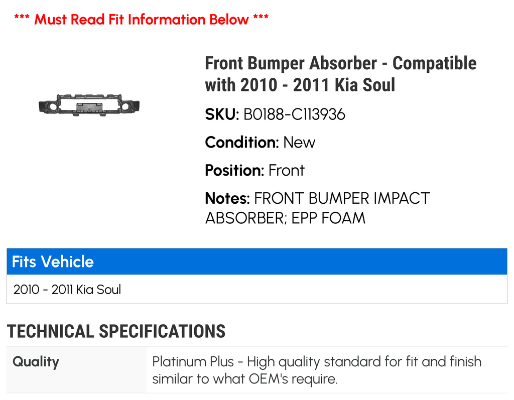 Front Bumper Absorber - suitable with 2010 - 2011 Kia Soul