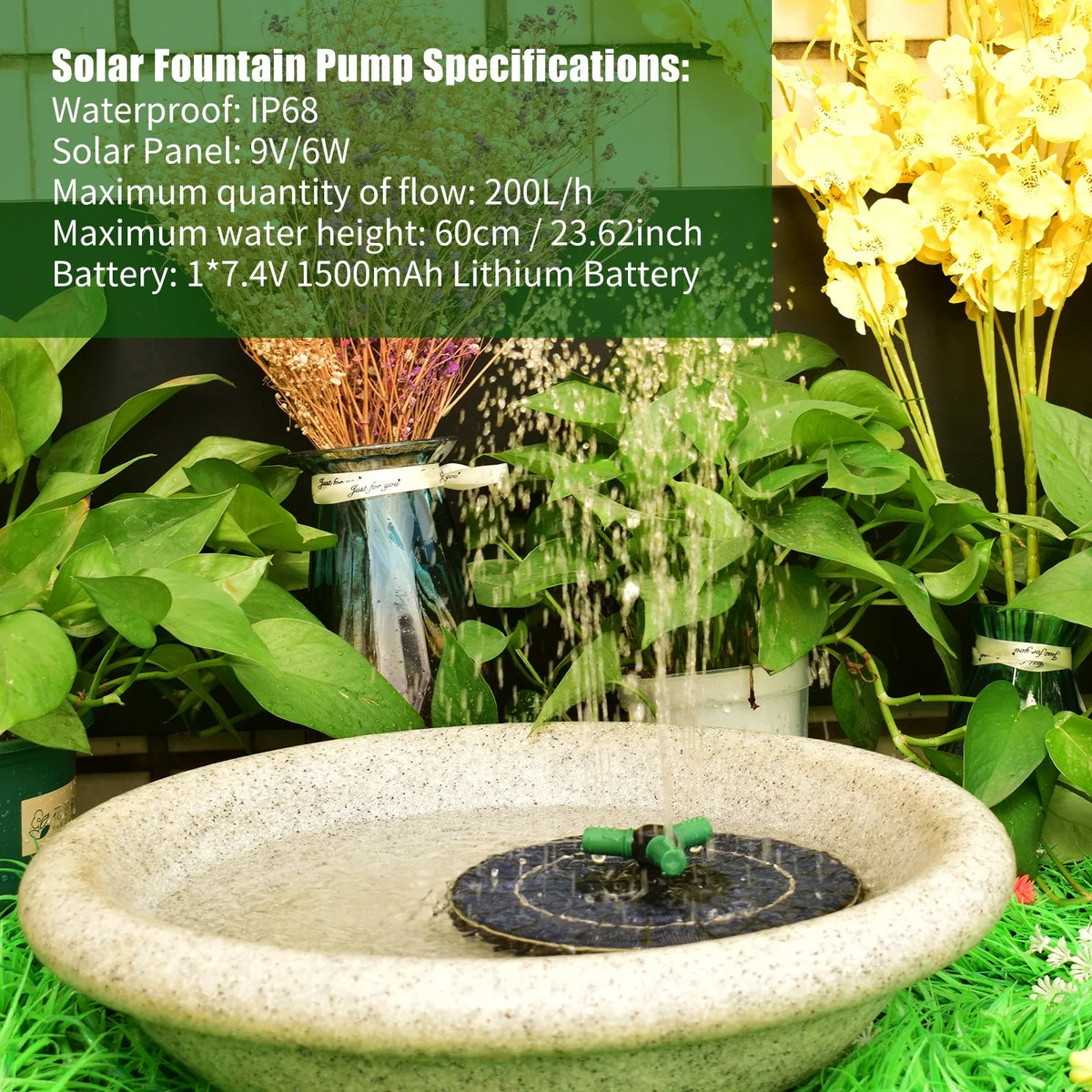 6W Colorful Solar Fountain Pump With Rotatable Nozzle LED Light Solar moisture Pump With Battery Auto-Shut off 9 Inch Fountain for Bird Bath Garden Small Pond
