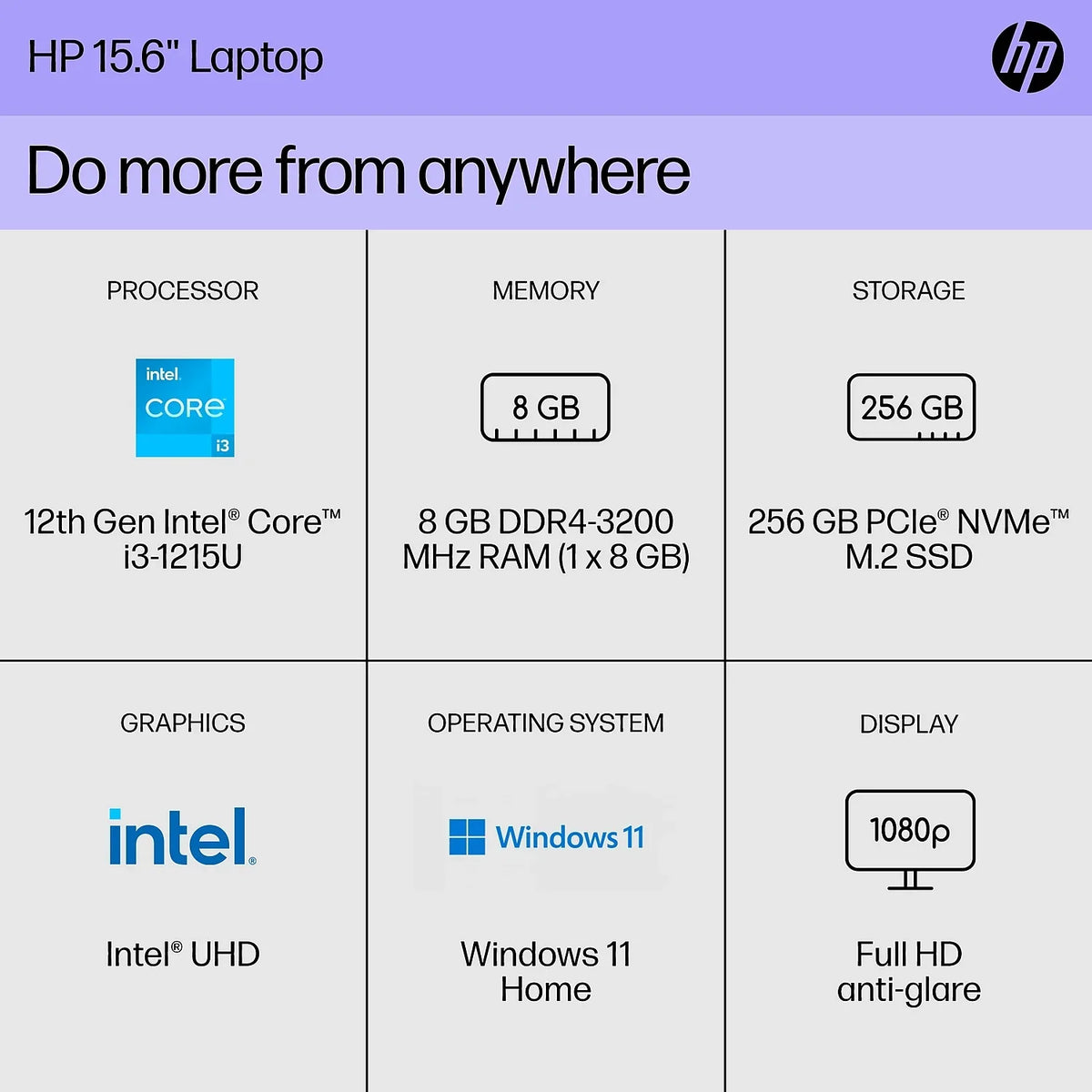 15.6" Laptop  Core i3-1215U 8GB Memory 256GB SSD Windows 11 Home (8J0Z6UA#ABA)