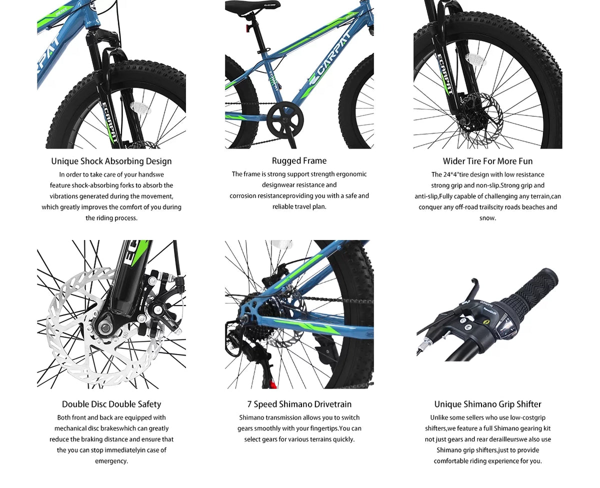 24 Inch Fat Tire Bicycle, 7 Speed Mountain Bike, Dual Disc Brake, Front Suspension, Mountain Trail Bike, Adjustable Seat, Blue