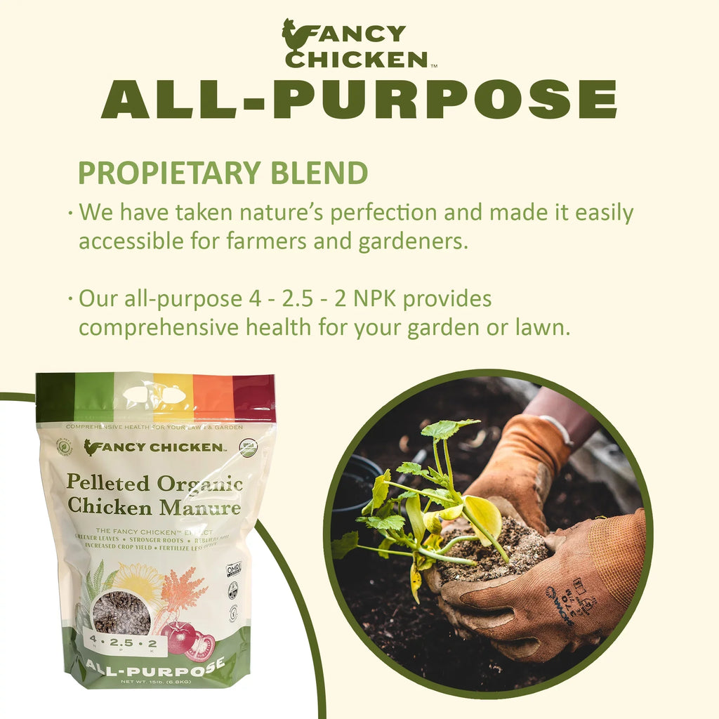 Fancy Chicken 4-2.5-2 All-Purpose Pelleted Organic Chicken Manure Plant Food for Lawn and Garden, USDA Organic, 15 LB