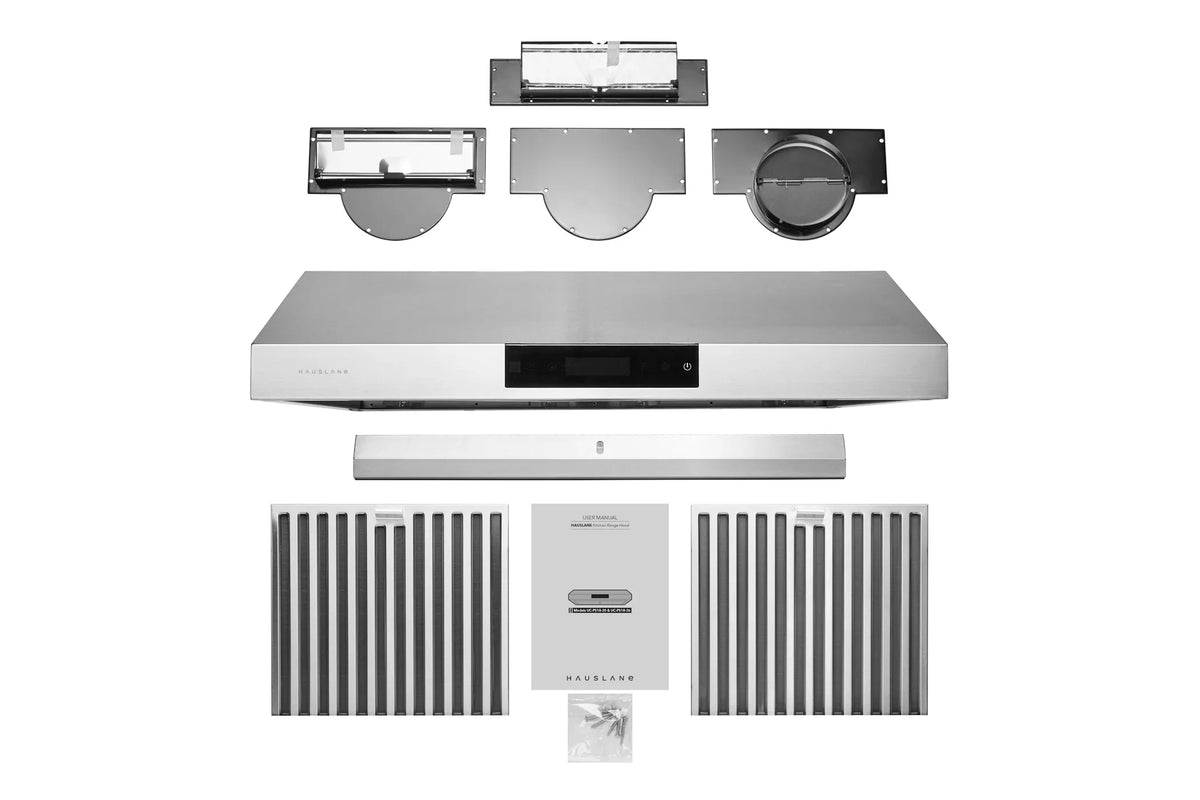 Hauslane | Chef Series | PS18 30" Under Cabinet Range Hood, Stainless Steel Contemporary Modern Design 860 CFM, Touch Screen w/Digital Clock, Dishwasher Safe Baffle Filters, LED Lamps, 3-Way Venting