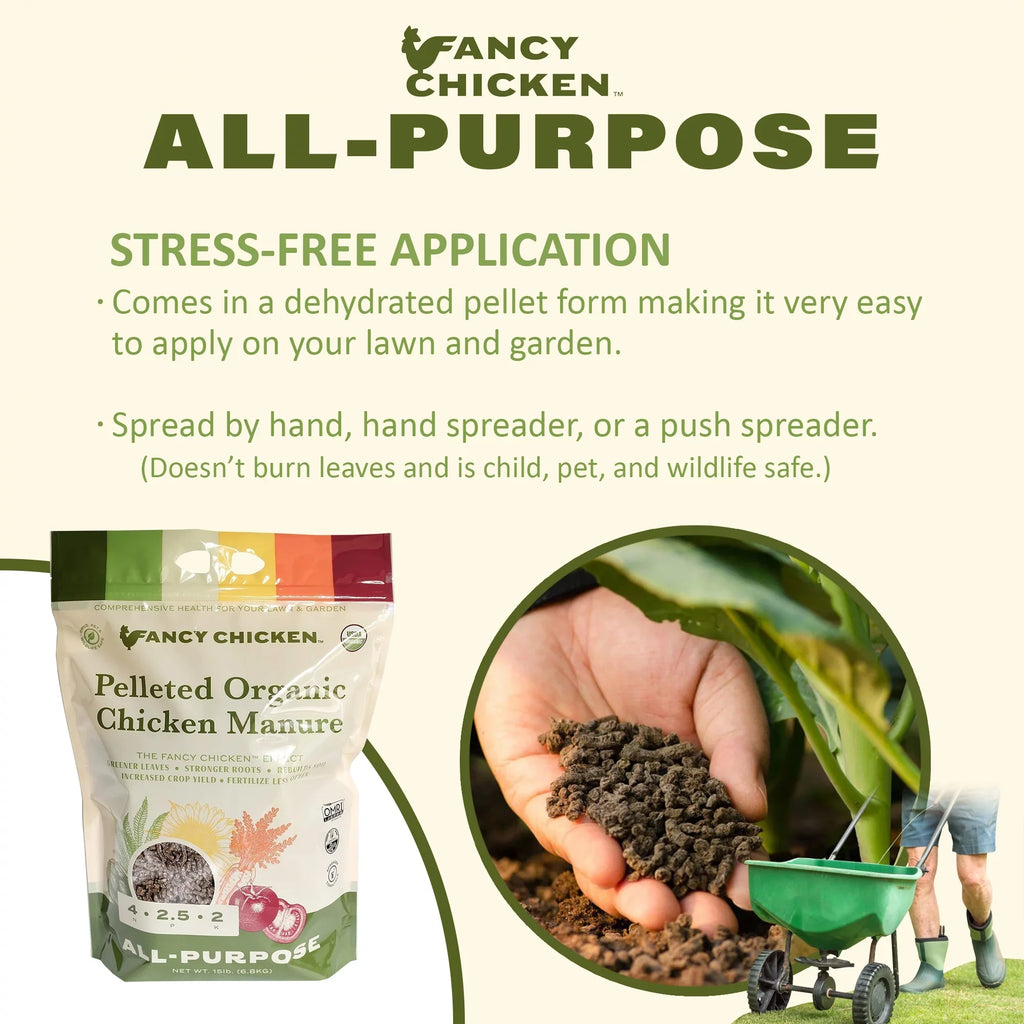Fancy Chicken 4-2.5-2 All-Purpose Pelleted Organic Chicken Manure Plant Food for Lawn and Garden, USDA Organic, 15 LB