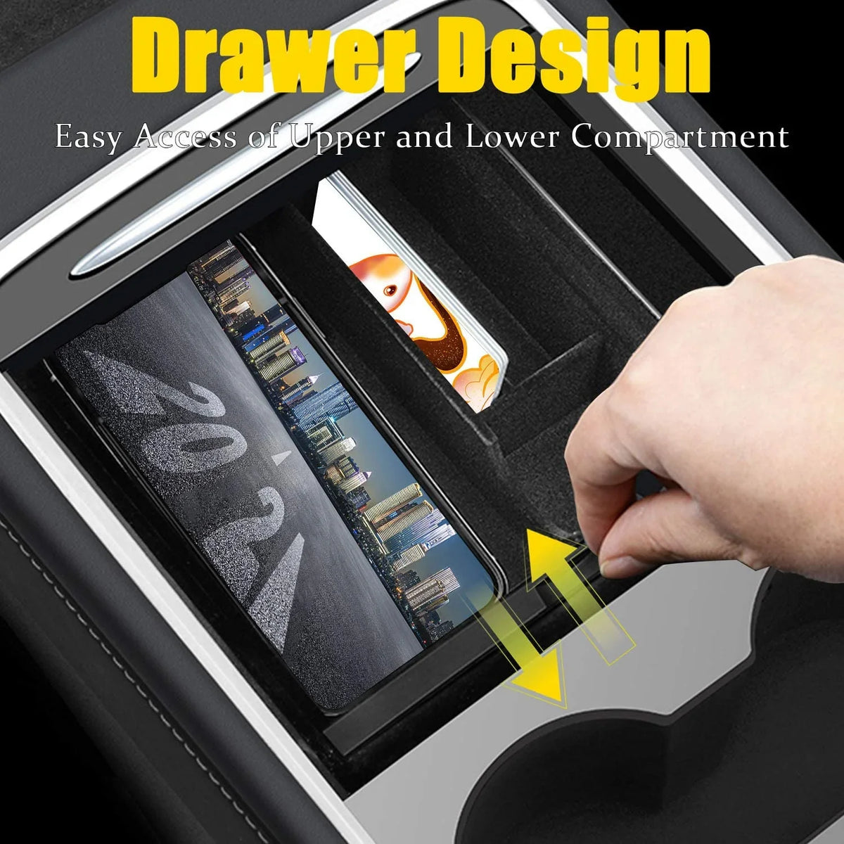 XTAUTO Center Console Organizer Tray Fit for 2021 2022 2023 Tesla Model 3/Y Armrest Storage Box Cubby Drawer Container Tesla Model 3 Model Y Accessories Interior Parts ABS Material Flocked Liner