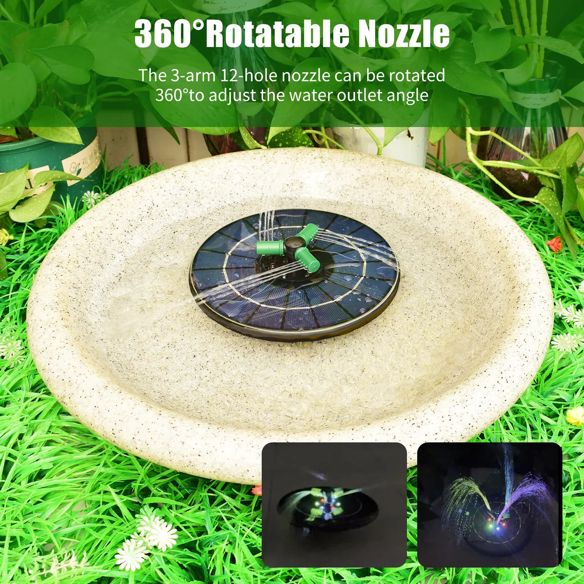 6W Colorful Solar Fountain Pump With Rotatable Nozzle LED Light Solar moisture Pump With Battery Auto-Shut off 9 Inch Fountain for Bird Bath Garden Small Pond
