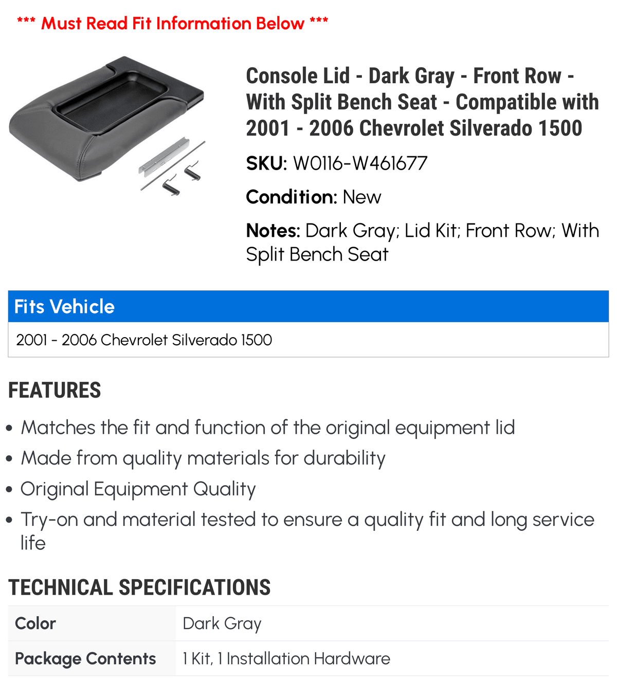 Console Lid - Dark Gray - Front Row - With Split Bench Seat - matching with 2001 - 2006 Chevy Silverado 1500 2002 2003 2004 2005